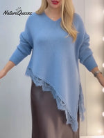 Women's Cozy Patchwork Lace Asymmetrical Hem Pullover Sweater