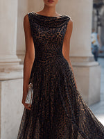 Leopard Print Draped Cowl Neck Sleeveless Pleated Midi Dress