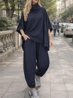 Women's Solid Color Stand-collar 3/4 Sleeve Casual Loose Knit Top And High-waisted Casual Loose Wide-leg Pants Set.