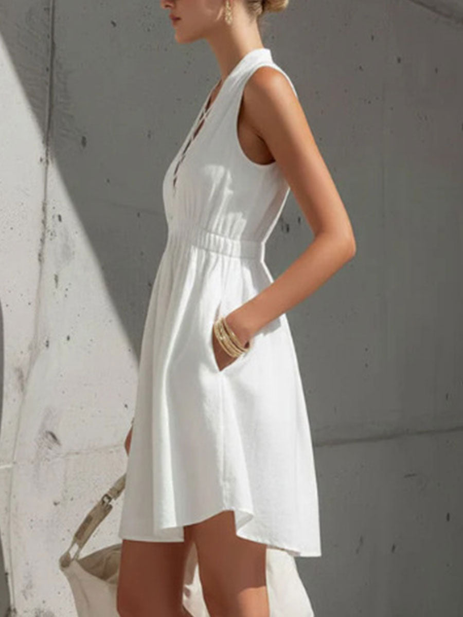 Women's Retro Sleeveless V-neck White Cotton-linen A-line Dress