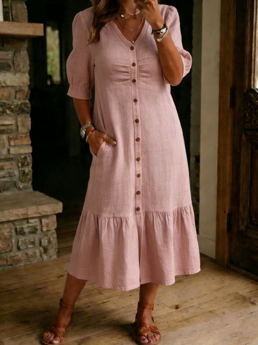 Women's Casual Loose-fitting Linen And Cotton Short-sleeved Dress