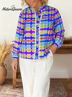 Women's Striped Print Shirt Collar Long Sleeve Casual Loose Cotton Linen Top