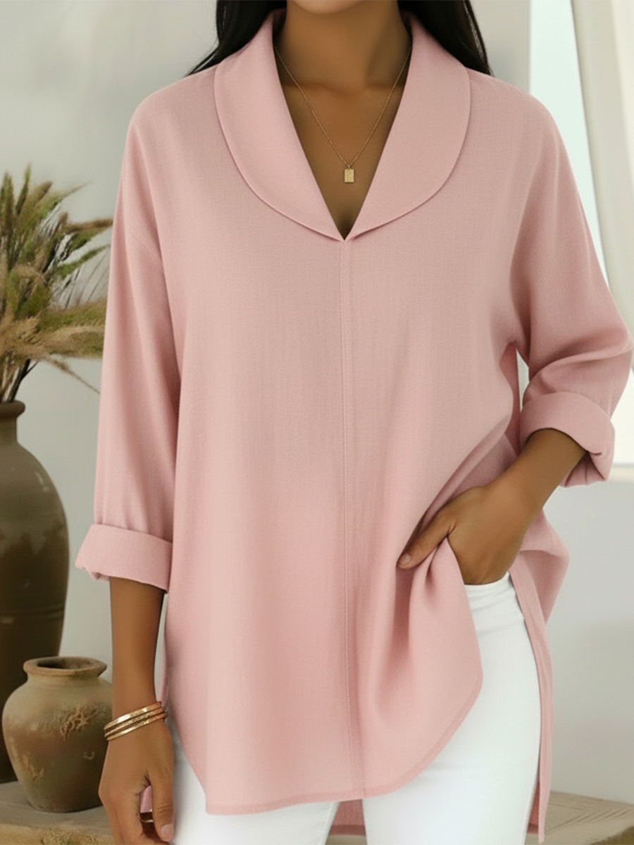 Cozy Notched-collar Linen Shirt Top