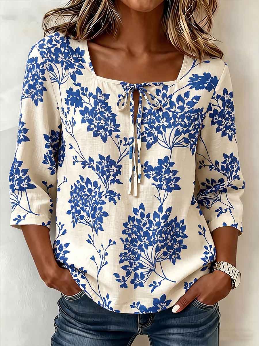 Women's Vintage-print Square-neck 3/4-sleeve Casual Loose Cotton-linen Top