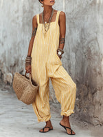 Striped Square-Neck Cotton-Linen Jumpsuit with Spaghetti Straps