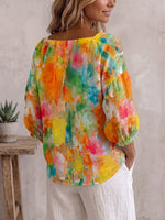 Summer Colorful Watercolor-print Cotton-linen Blouse