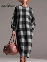 Women's Plaid Print Round Neck Long Sleeve Casual Loose Knit Dress