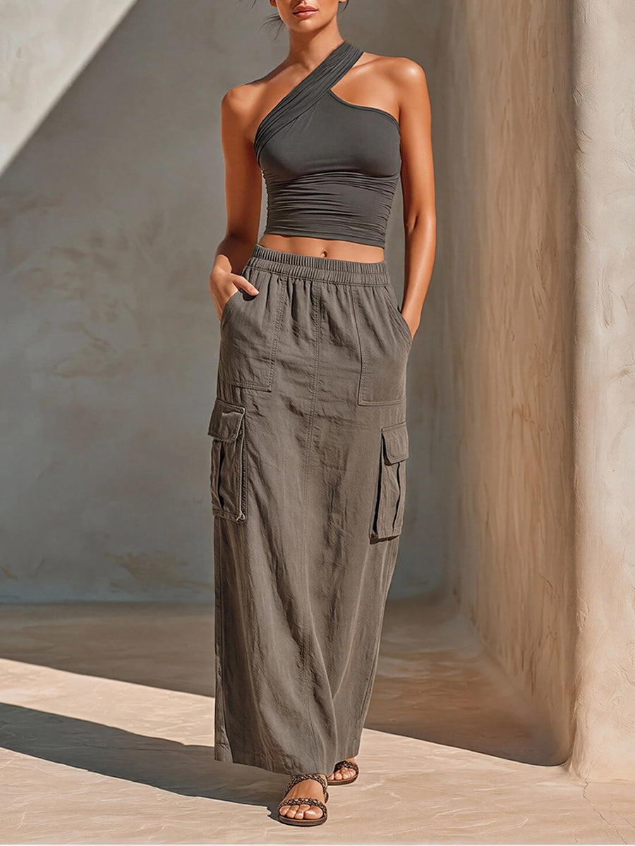 Casual Off-shoulder Stretch Cotton Top & Cotton Skirt Two-piece Set