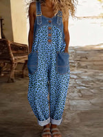Women's Sleeveless Leopard Print Casual Loose Denim-paneled Wide-leg Jumpsuit
