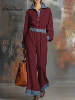 Women's Solid Color Denim Patchwork Shirt Collar Long Sleeve Casual Loose Knit Jumpsuit