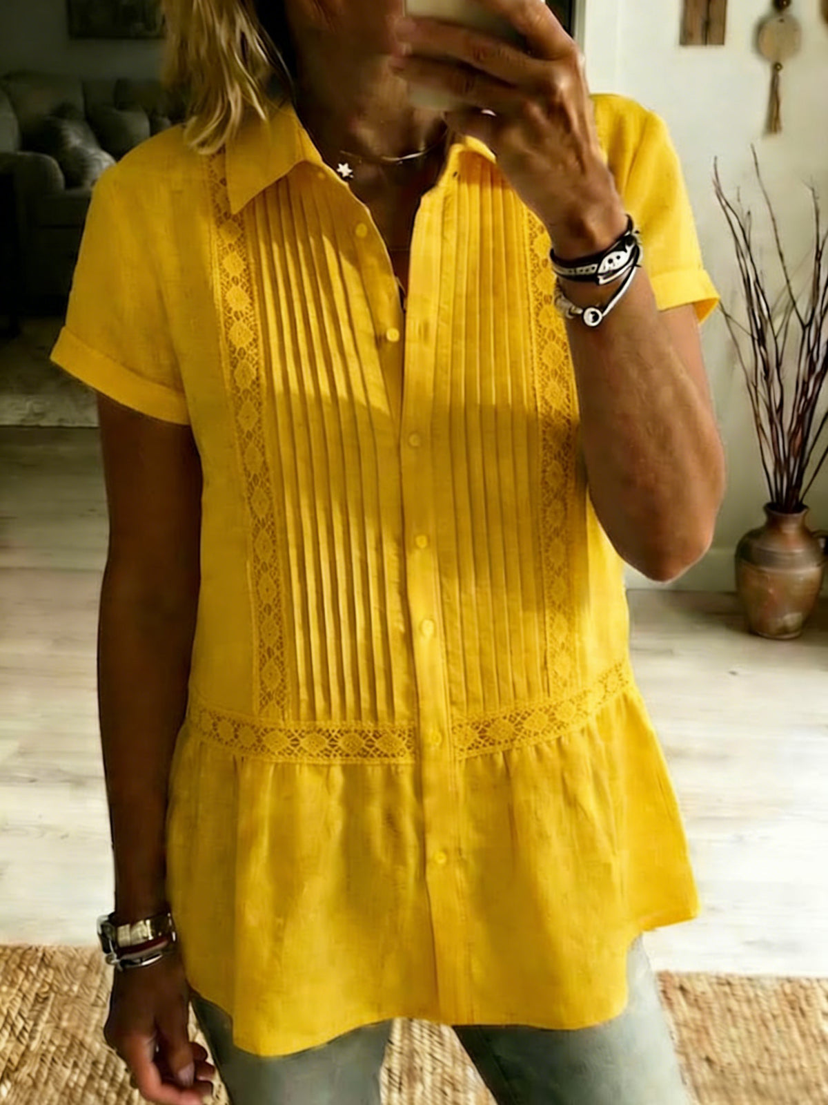 Cotton-linen Top With Openwork Woven Trim And Pleats