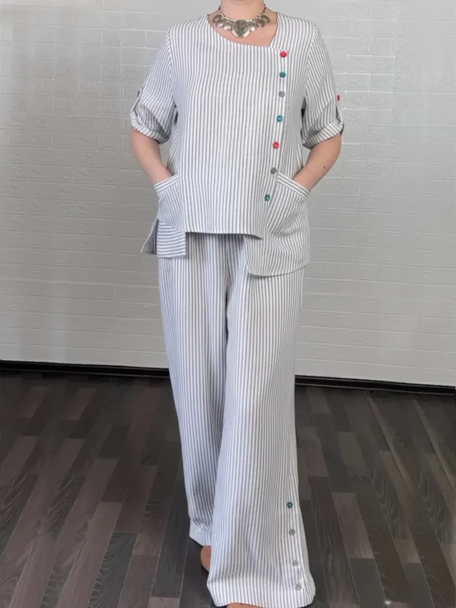 Women's Cozy Striped Linen And Cotton Top And Pants Two-piece Set.