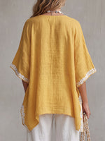 Women's Embroidered Pattern Print V-neck Cotton-linen Top