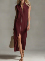 Women's Solid Color Stand-collar Sleeveless Casual Loose Linen Dress