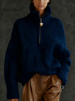 Women's Solid Color High-neck Long-sleeve Casual Loose Knit Top