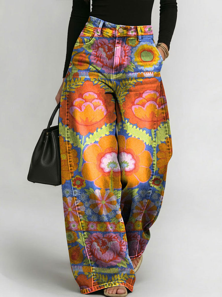 Women's Retro Colors Flowers Print Casual Straight-leg Pants