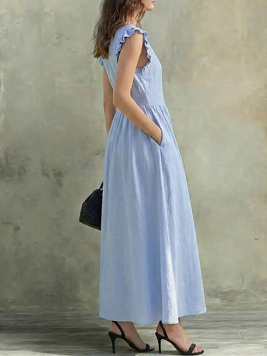 Women's Solid Color Ruffled Art Casual Fashion Cozy Cotton Linen Dress