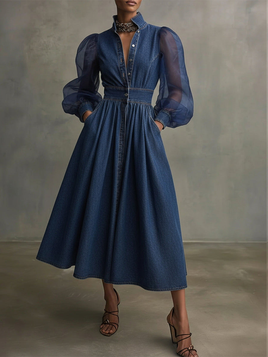 Stylish Denim Dress With Organza Sleeves And Buttons