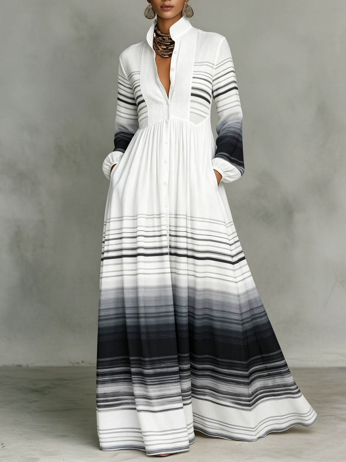 Classic Abstract Gradient-line Dress — Featuring A Turn-down Collar, Cinched Waist, And Flared Skirt