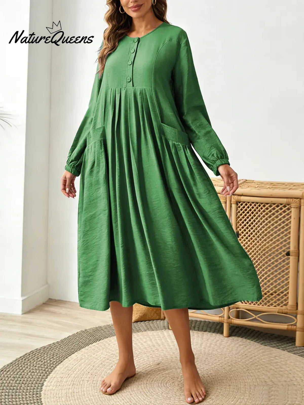 Women's Solid Color Round Neck Long-sleeved Casual Loose Cotton And Linen Dress