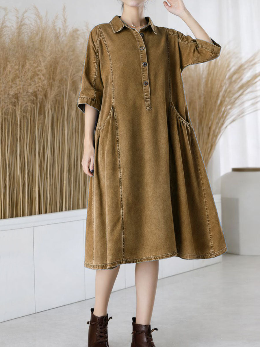 Women's Casual Loose Denim Dress With Shirt Collar And 3/4 Sleeves.