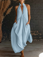 Elegant Resort-style Stand-collar Cotton Dress