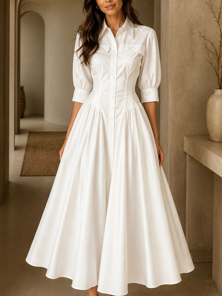 Women's Solid-color A-line Dress — Lapel Collar 3/4 Sleeves Loose-fit Cotton-linen Blend