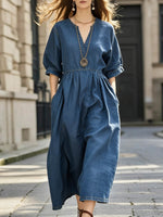 Women's V-neck 3/4 Sleeve Casual Loose Denim Dress