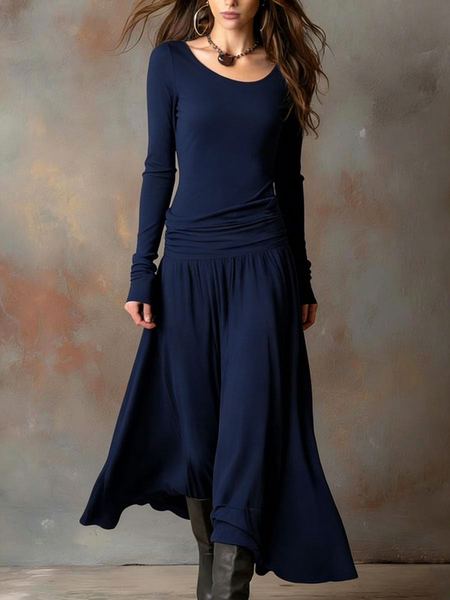 Women's Round Neck Long Sleeve Casual Loose Cotton Linen Long Dress Set