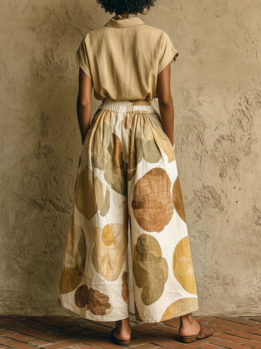 Women's Solid-color Short-sleeve Shirt-collar Top & Elastic-waist Printed Wide-leg Pants Set — Casual & Loose Fit