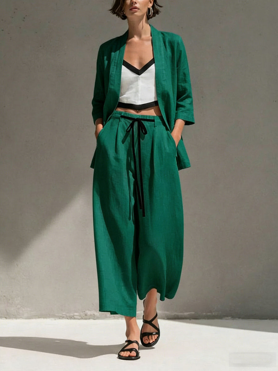 Women's Solid Color Casual Loose Cotton Linen Jacket V-neck Camisole Elastic Waist Drawstring Wide-leg Pants Cotton Linen Three-piece Set