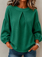 Waffle Textured Pleated Neck Bubble Sleeve Blouse