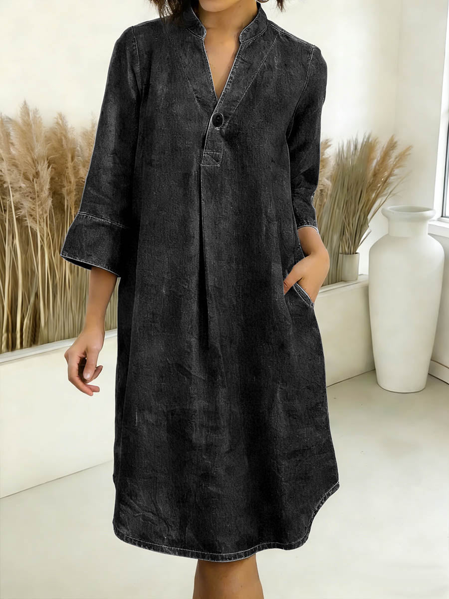 Women's V-neck 3/4 Sleeve Casual Loose Denim Dress