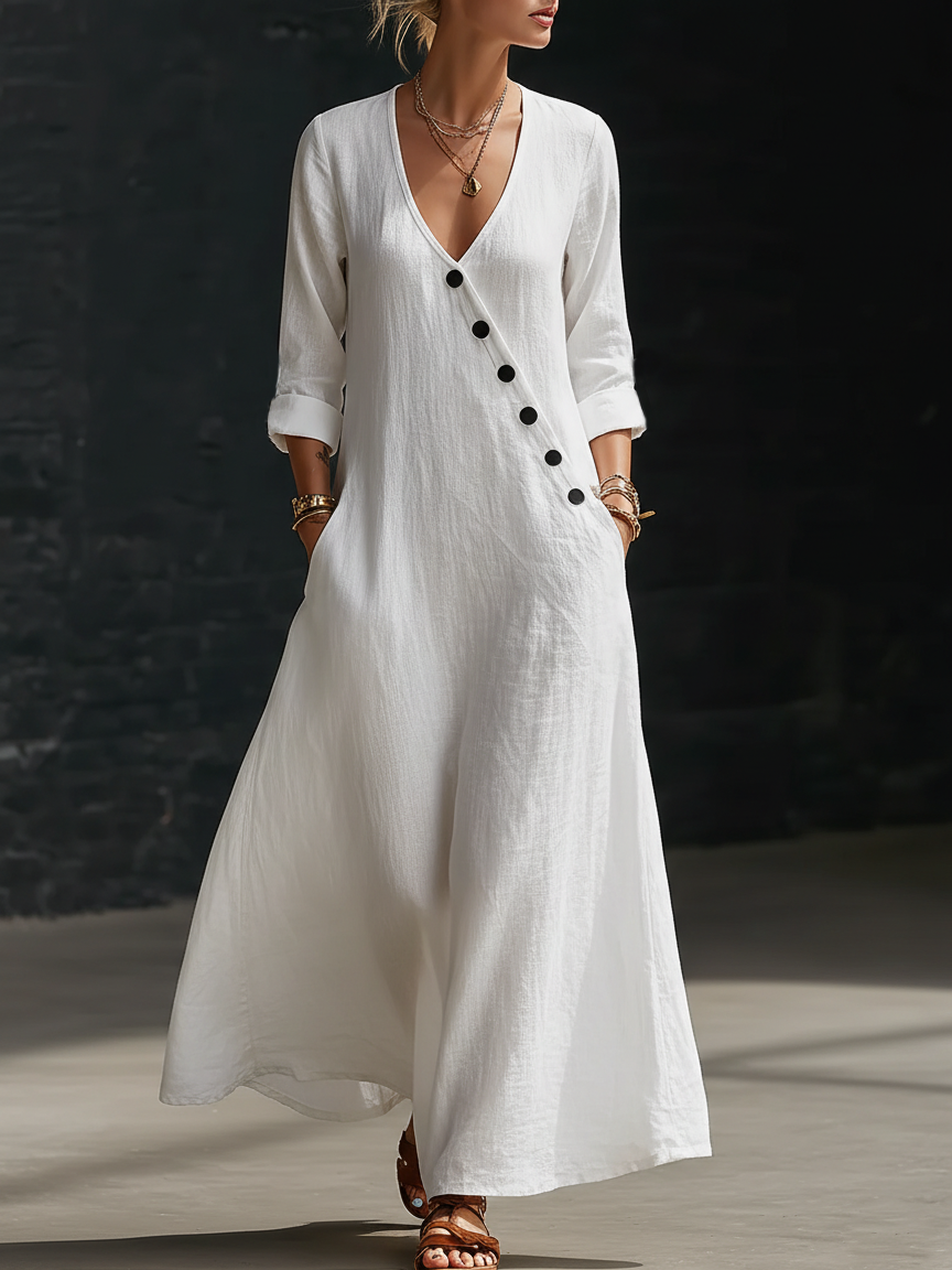 Minimalist Button-up V-neck Linen Dress