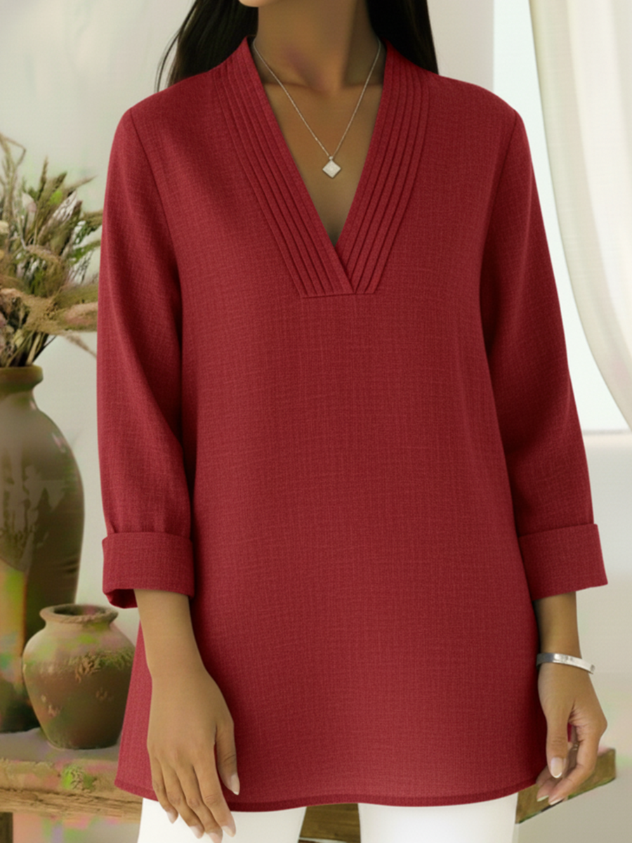 Elegant Pleated V-neck A-line Linen Top