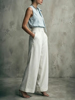 Women's Gentle And Graceful Blue And White Linen Suit