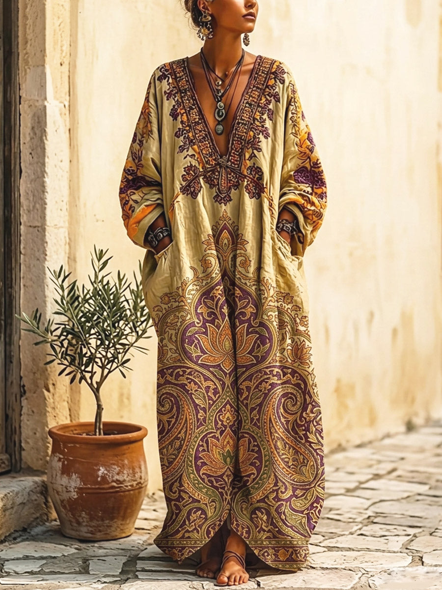 Women's Ethnic Floral Art Print Casual Long Sleeve Cotton Linen Dress