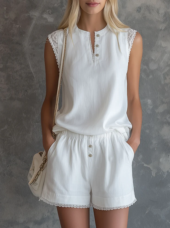 Lace-trimmed Sleeveless Top & Shorts Casual Set