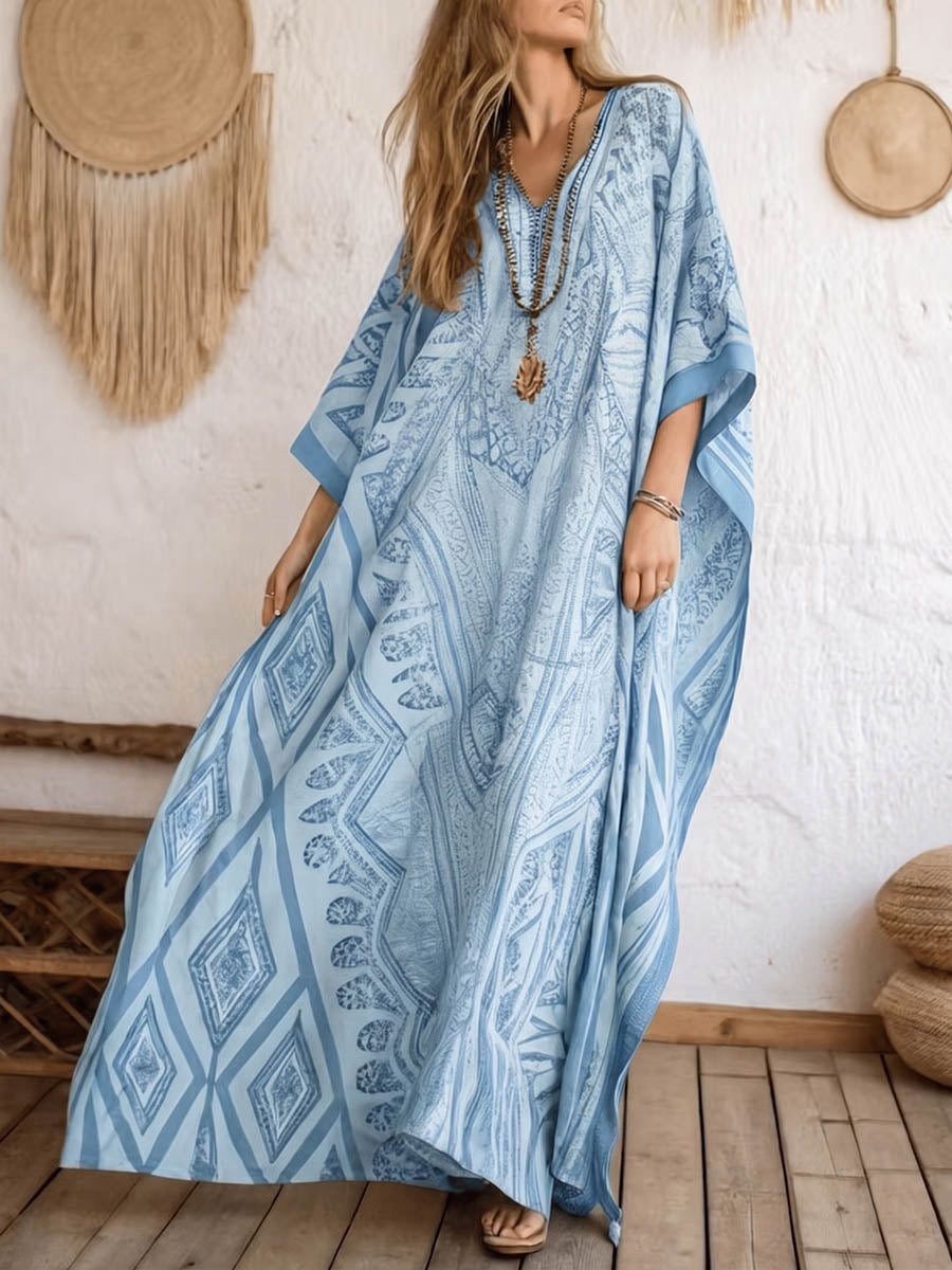 Women's Retro Geometric Print V-neck 3/4-sleeve Casual Loose Cotton-linen Dress