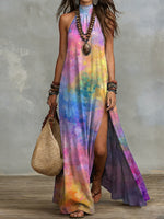 Bohemian-style Tie-dye Ombré Art Print Halter-neck Cotton-linen Dress With Slit
