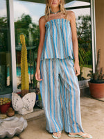 Women's Striped Art Comfortable Casual Top And Pants Cotton Linen Two-piece Set