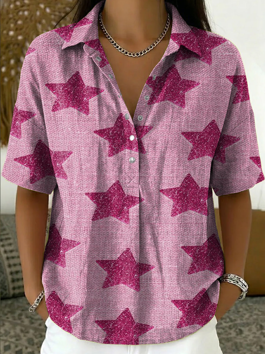 Women's Vintage Star-print Casual Short-sleeve Linen-cotton Shirt With Polo Collar