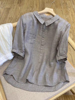 Women's Solid-color Collared Short-sleeve Casual Loose Cotton-linen Top