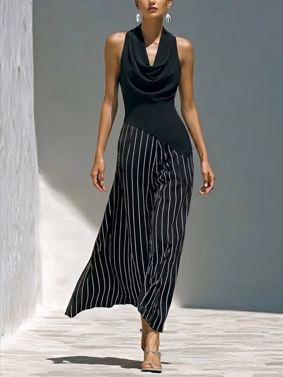 Stylish Sleeveless Cowl-neck Top With Asymmetrical Hem & Striped Wide-leg Pants Two-piece Set