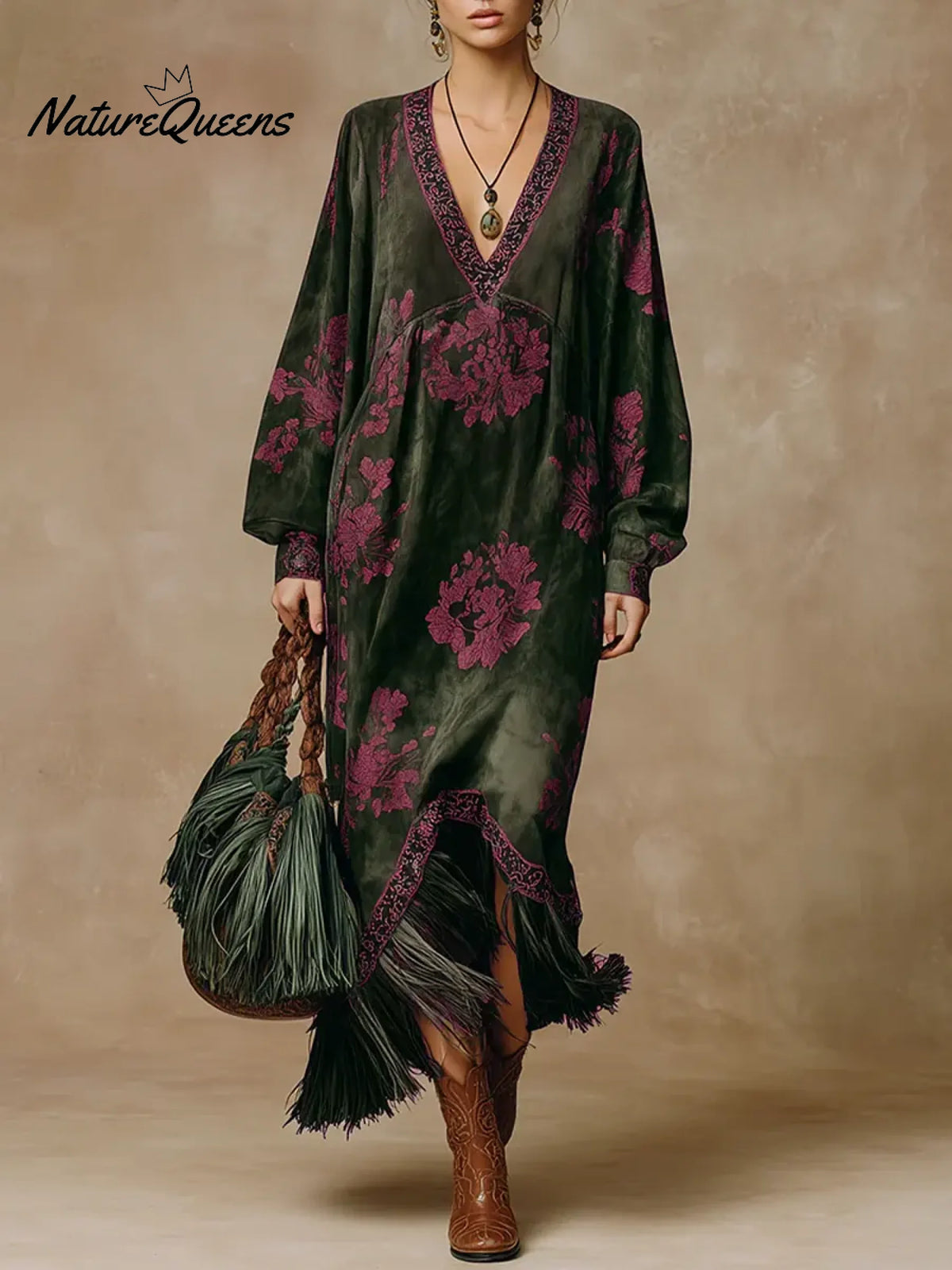 Women's Retro Print V-neck Long-sleeved Casual Loose Suede Tassel Dress