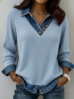 Casual Patchwork Denim Knit Top