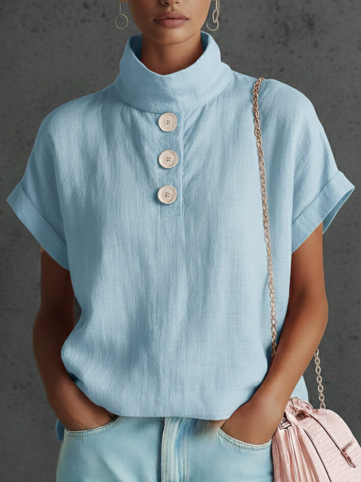 Elegant Cozy Stand-collar Button-down Linen Blouse