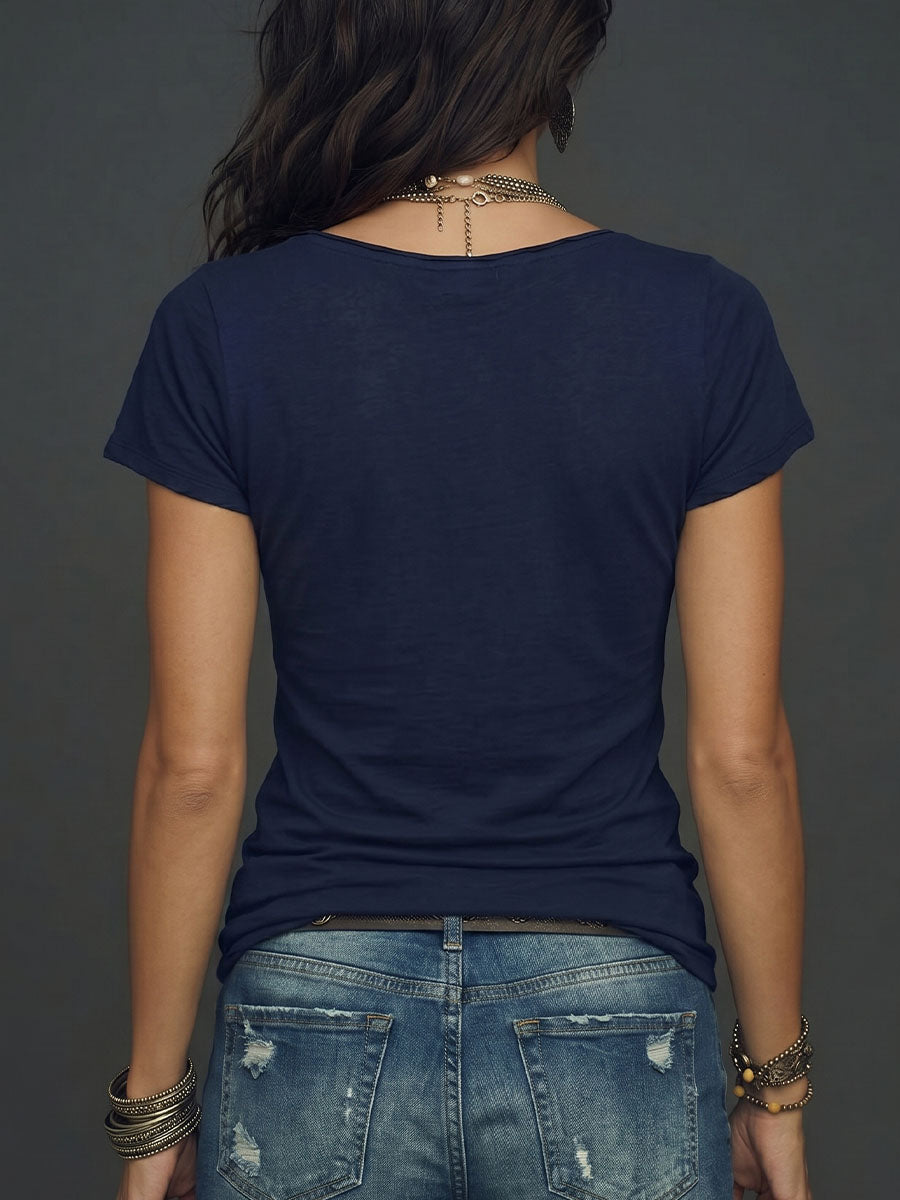 Women's V-neck Short-sleeve Faux Two-piece T-shirt