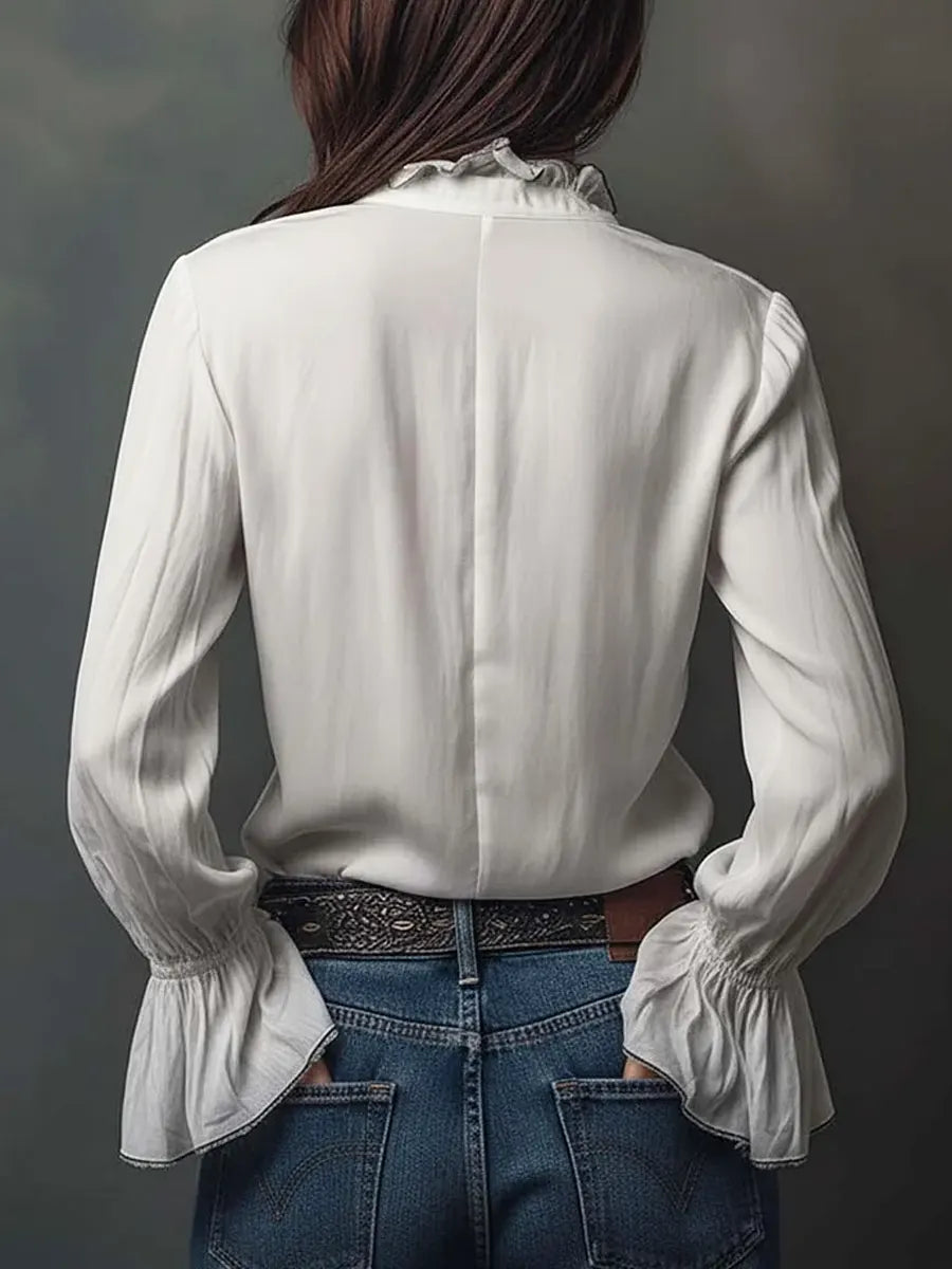 Women's Solid Color Ruffled Art Casual Long Sleeve Cotton Shirt