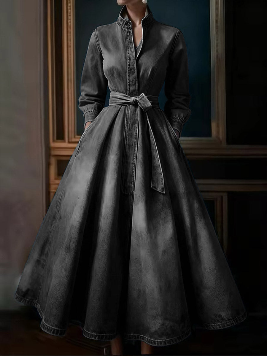 Women's Stand-collar Long-sleeved Casual Loose Denim Dress